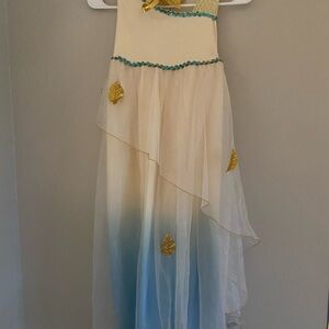 Ethereal Blue and Gold Dance Costume with Flowing Layers